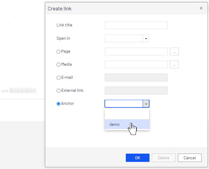 Image: Create link dialog box