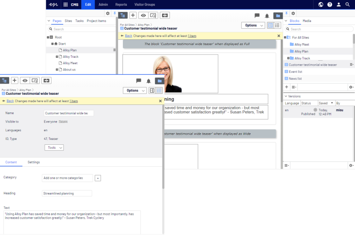 Image: Block editing in on-page edit view/all properties view