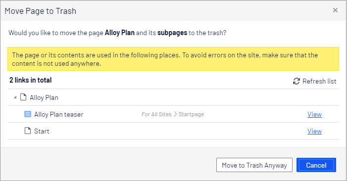 Image: Move page to trash dialog box