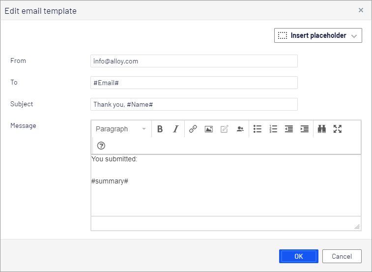 Create email template dialog box