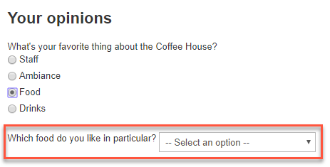Additional question displayed depending on previous selection