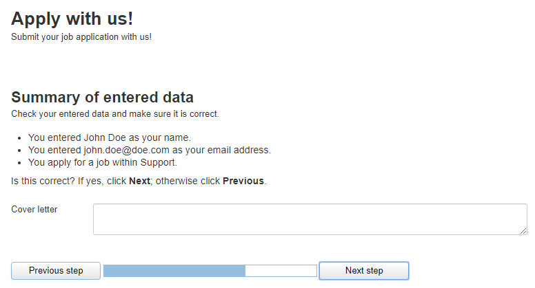 Image: Displaying the entered data in the Job application multi-page form