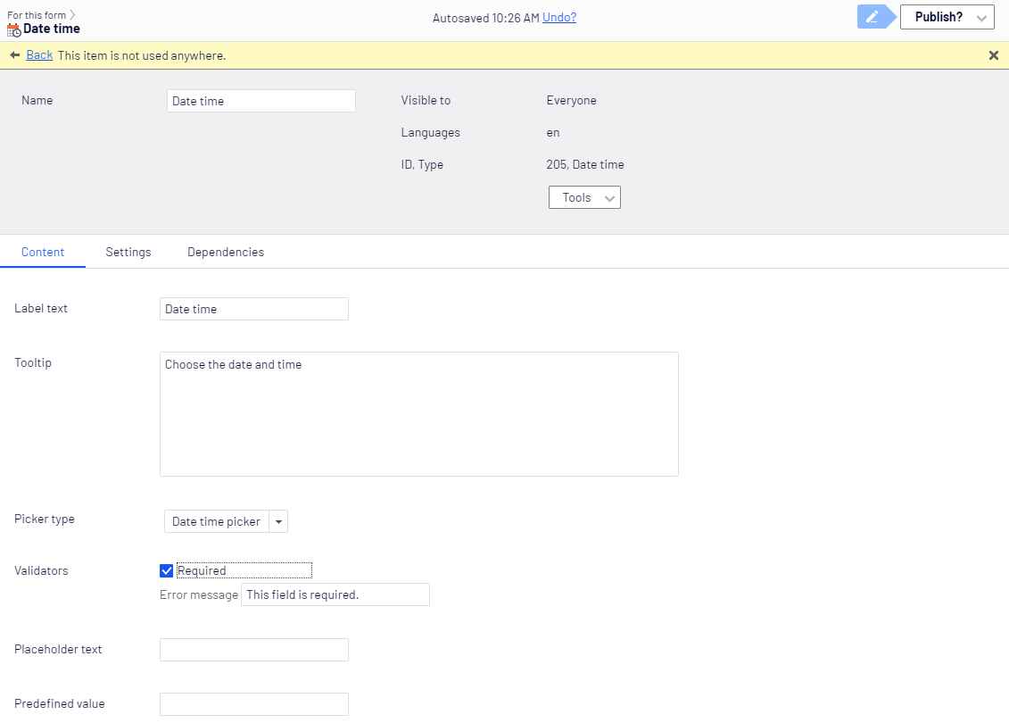 Date time element, Content tab
