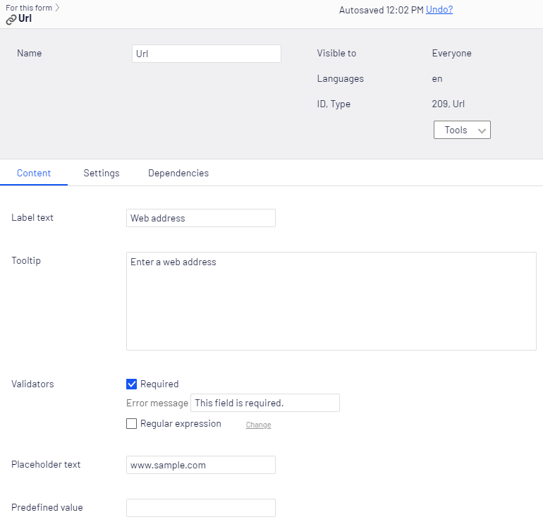 Url element, Content tab