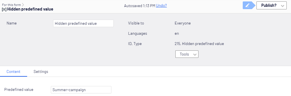 Hidden predefined value element, Content tab
