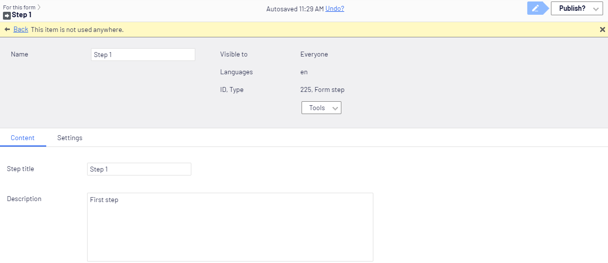 Form step element, Content tab