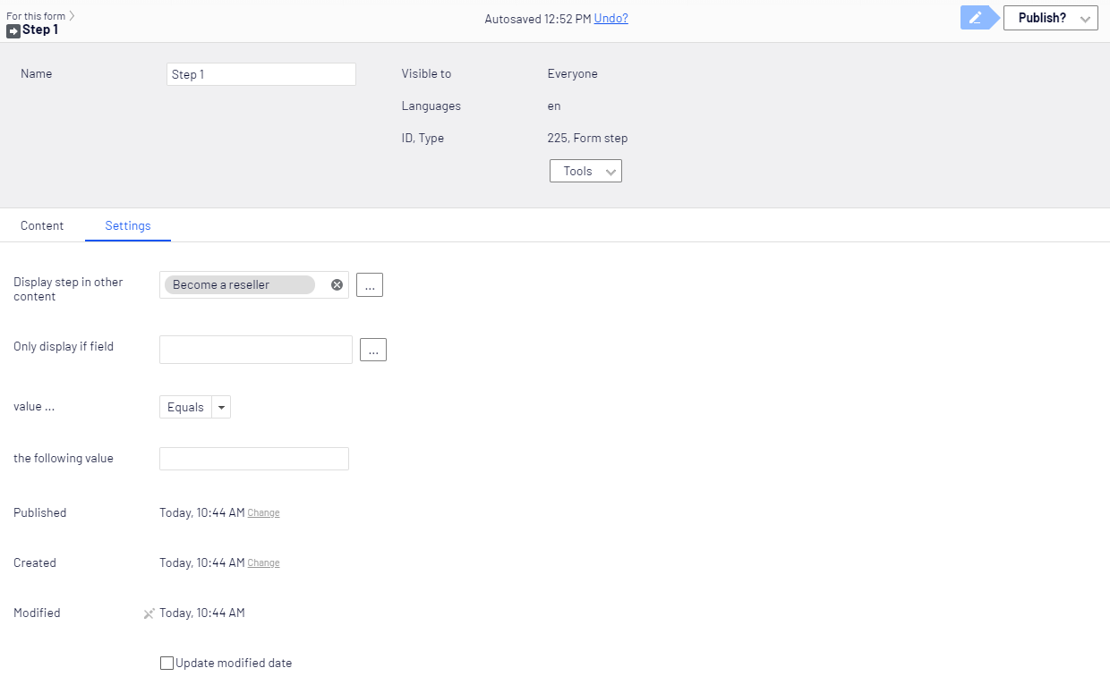Form step element, Settings tab