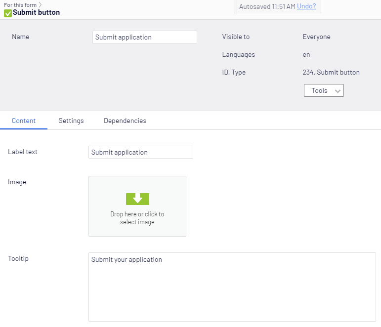 Submit button, Content tab