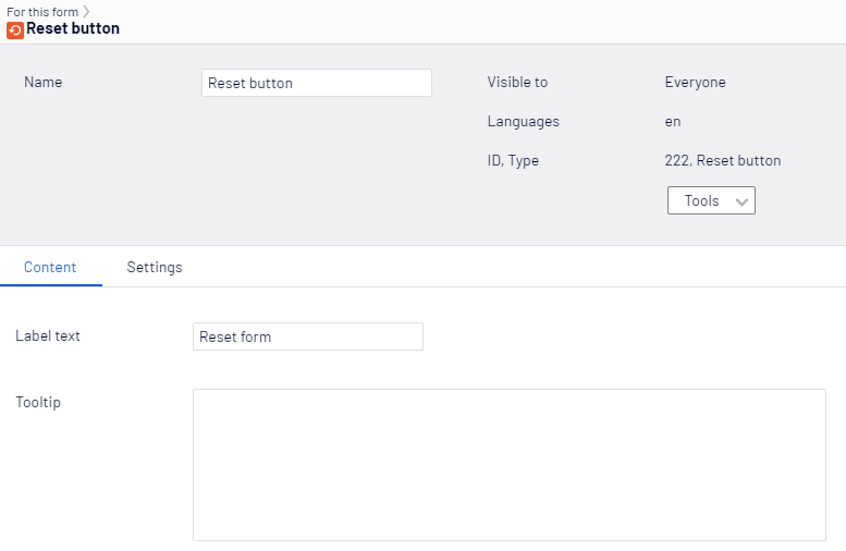 Reset button, Content tab