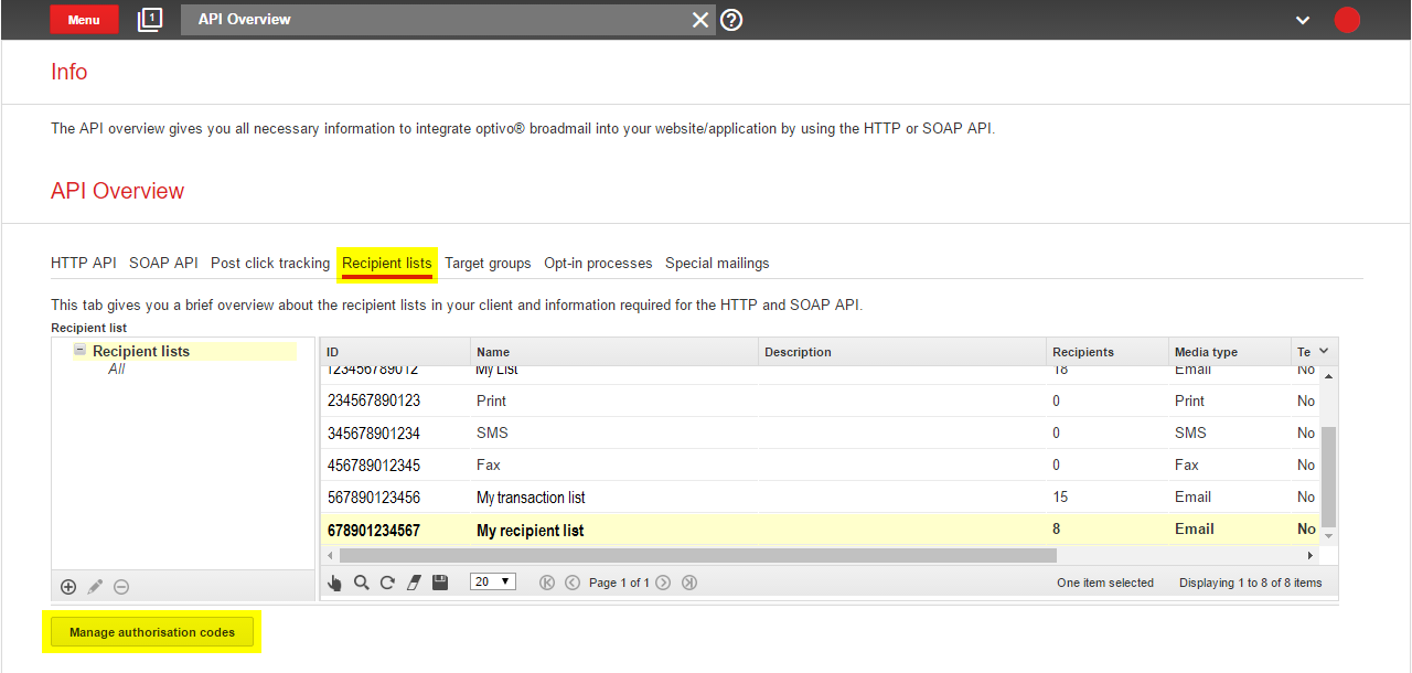 Image: Manage Authorization Codes button