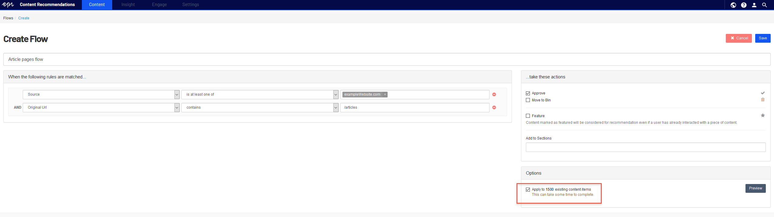 Options in the Flow view