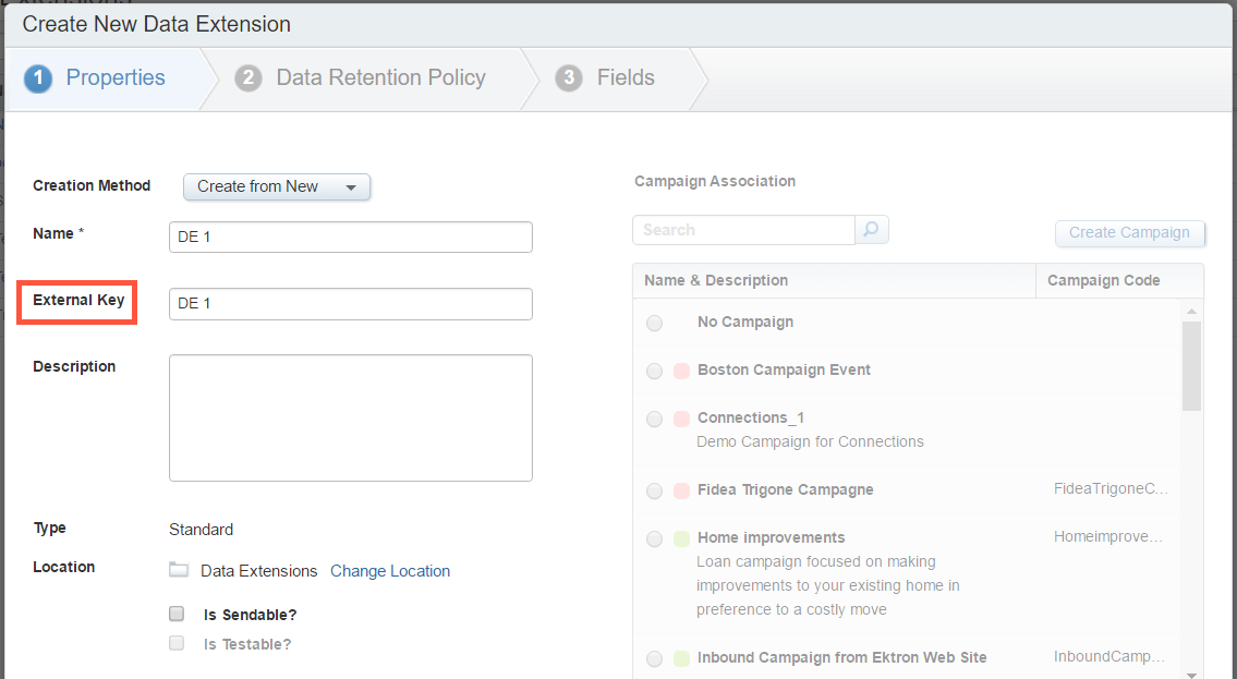 Specifying the External Key when you create a new data extension