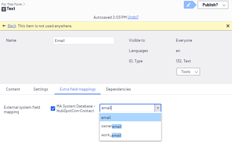 Mapping a HubSpot database field to a form field