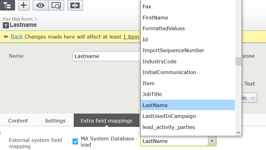 Image: Mapping a Microsoft Dynamics CRM database field to a form field