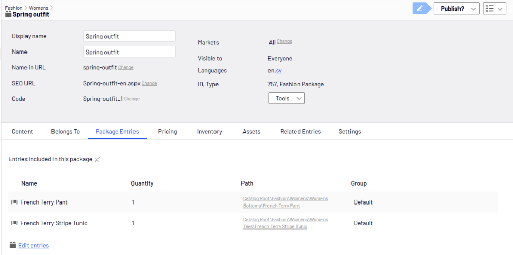 Image: Package Entries tab