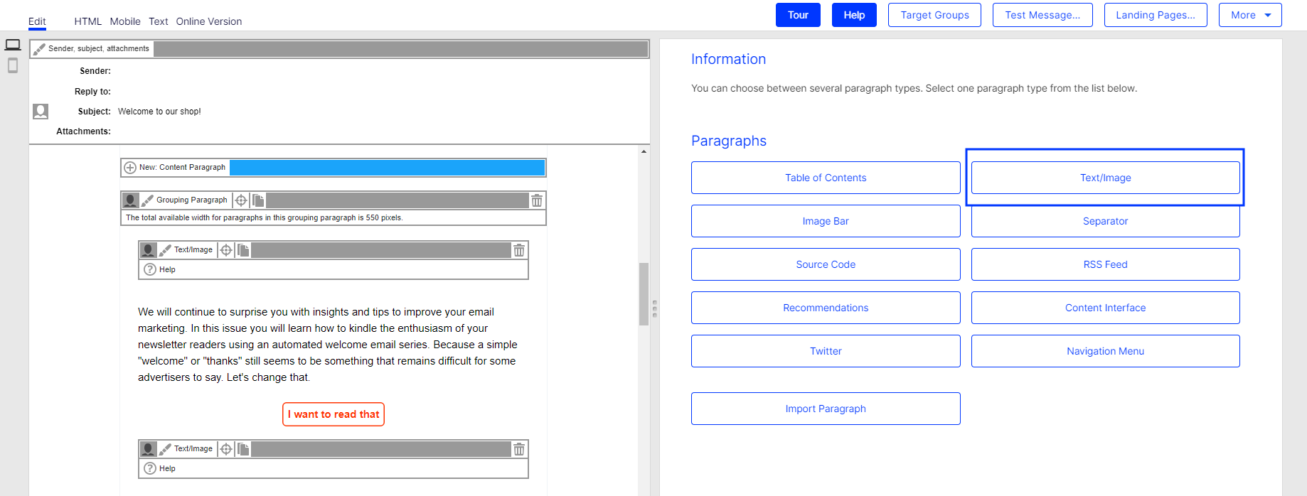 Image: Select Text/Image paragraph