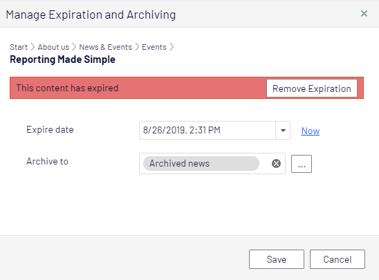 Image: Manage expiration and archiving dialog box