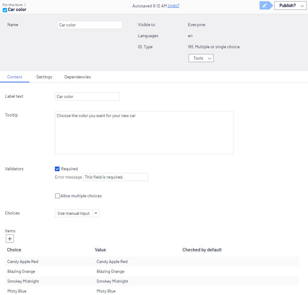 Multiple or single choice element, Content tab