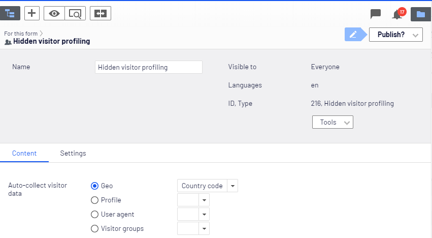 Hidden visitor profiling element, Content tab