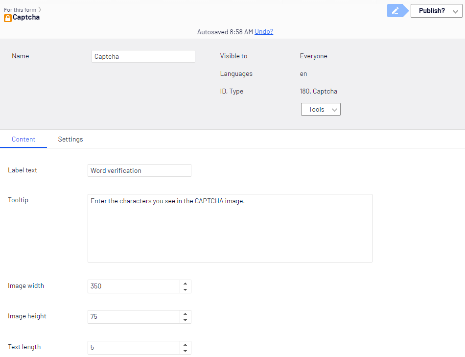 Captcha element, Content tab