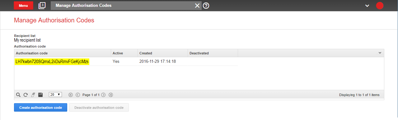 Image: Manage Authorization Codes screen
