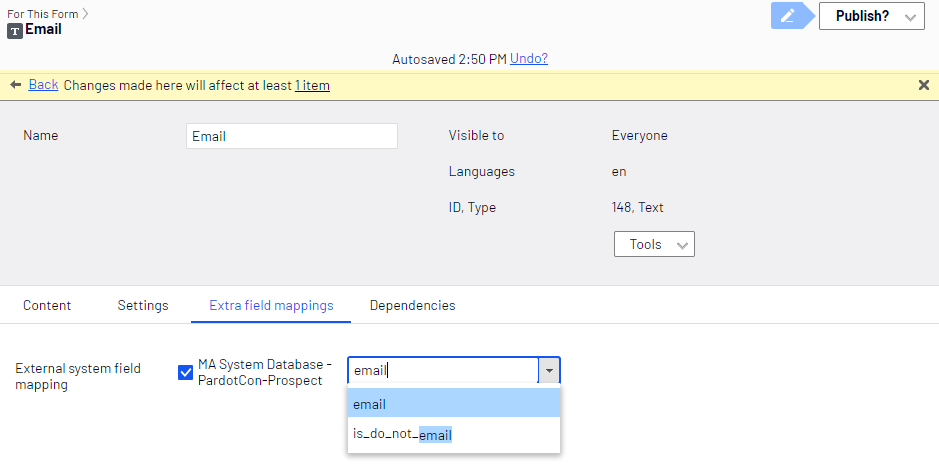 Mapping a Pardot database field to a form field