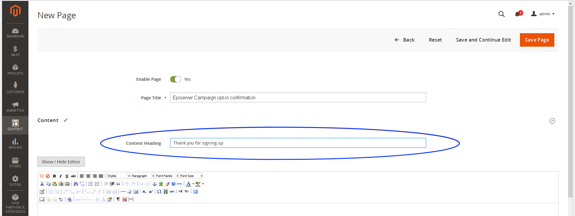 Image: Content Heading field
