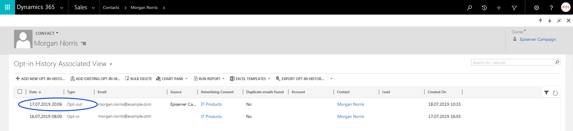 Image: Most recent entry in the opt-in history