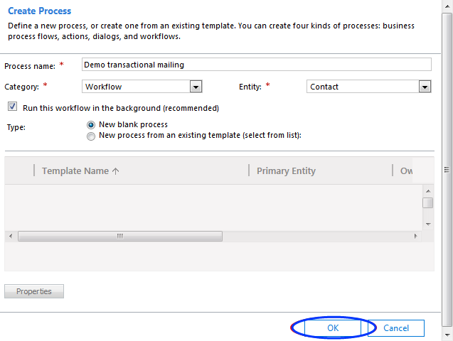 Image: Create process dialog box