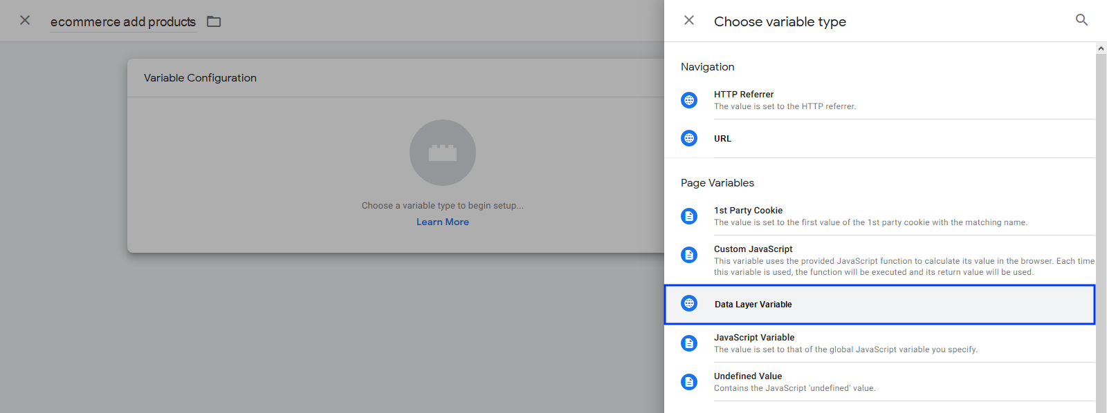 Image: Selecting the variable type