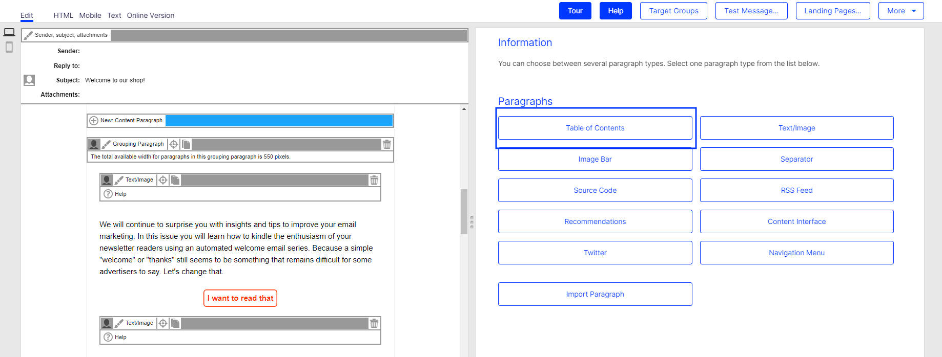 Image: Select Table of contents paragraph