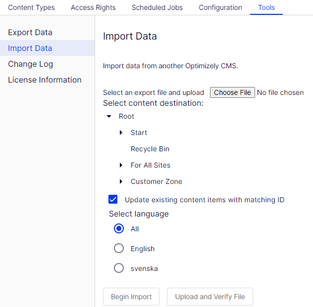 Image: Import Data screen