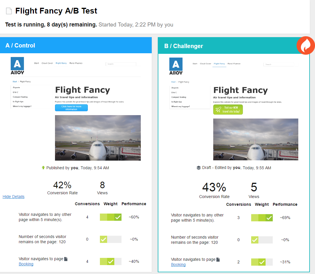 A/B test results screen