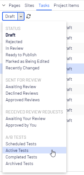 A/B tests in Tasks pane