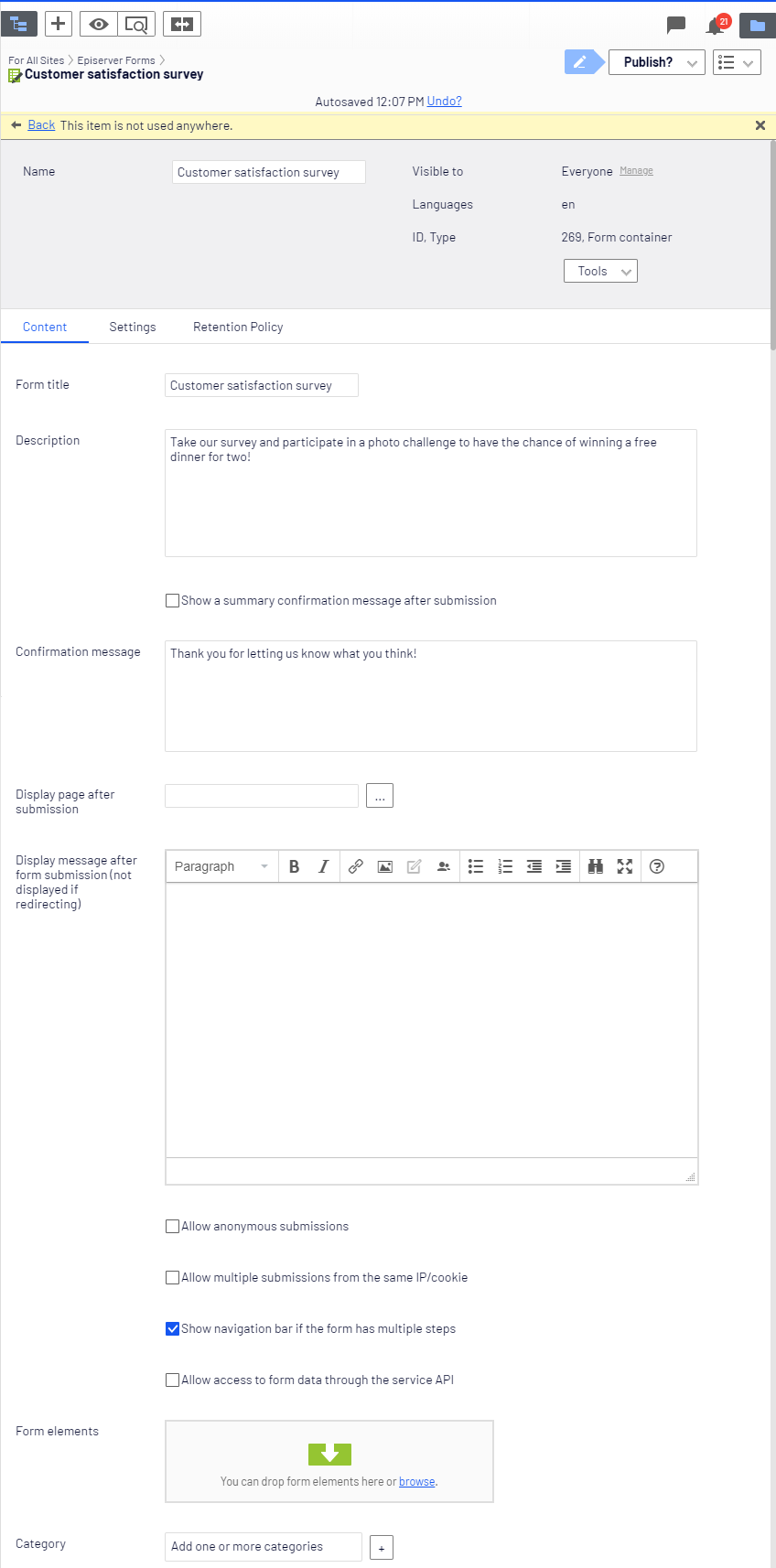 Form container settings