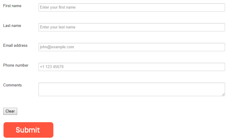 Sample email form on a page