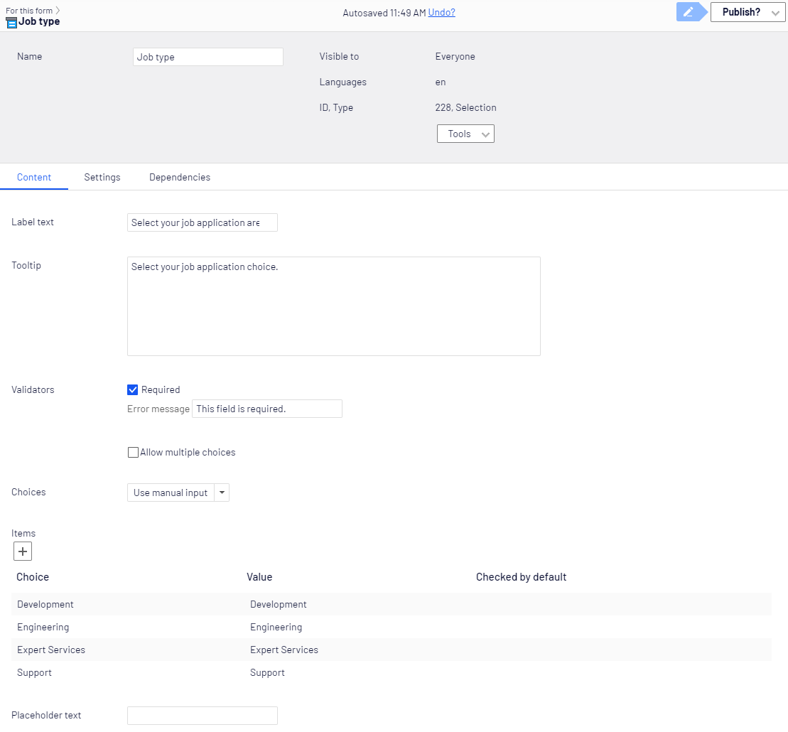Selection element, Content tab