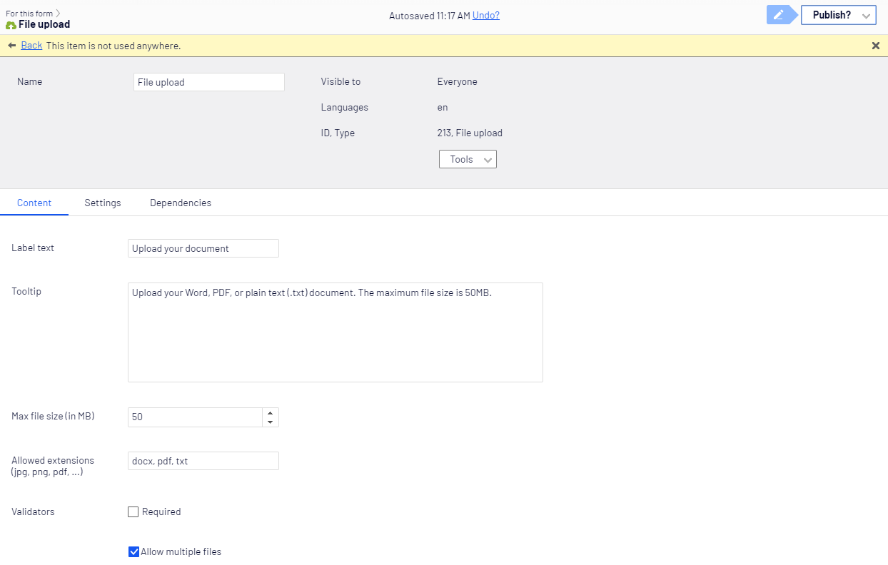 File upload element, Content tab