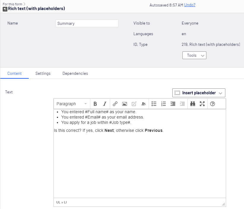 Rich text element, Content tab
