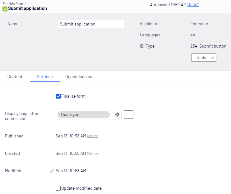 Submit button, Settings tab