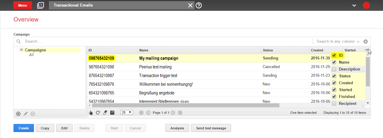 Image: Copy Mailing ID for your campaign from the ID column