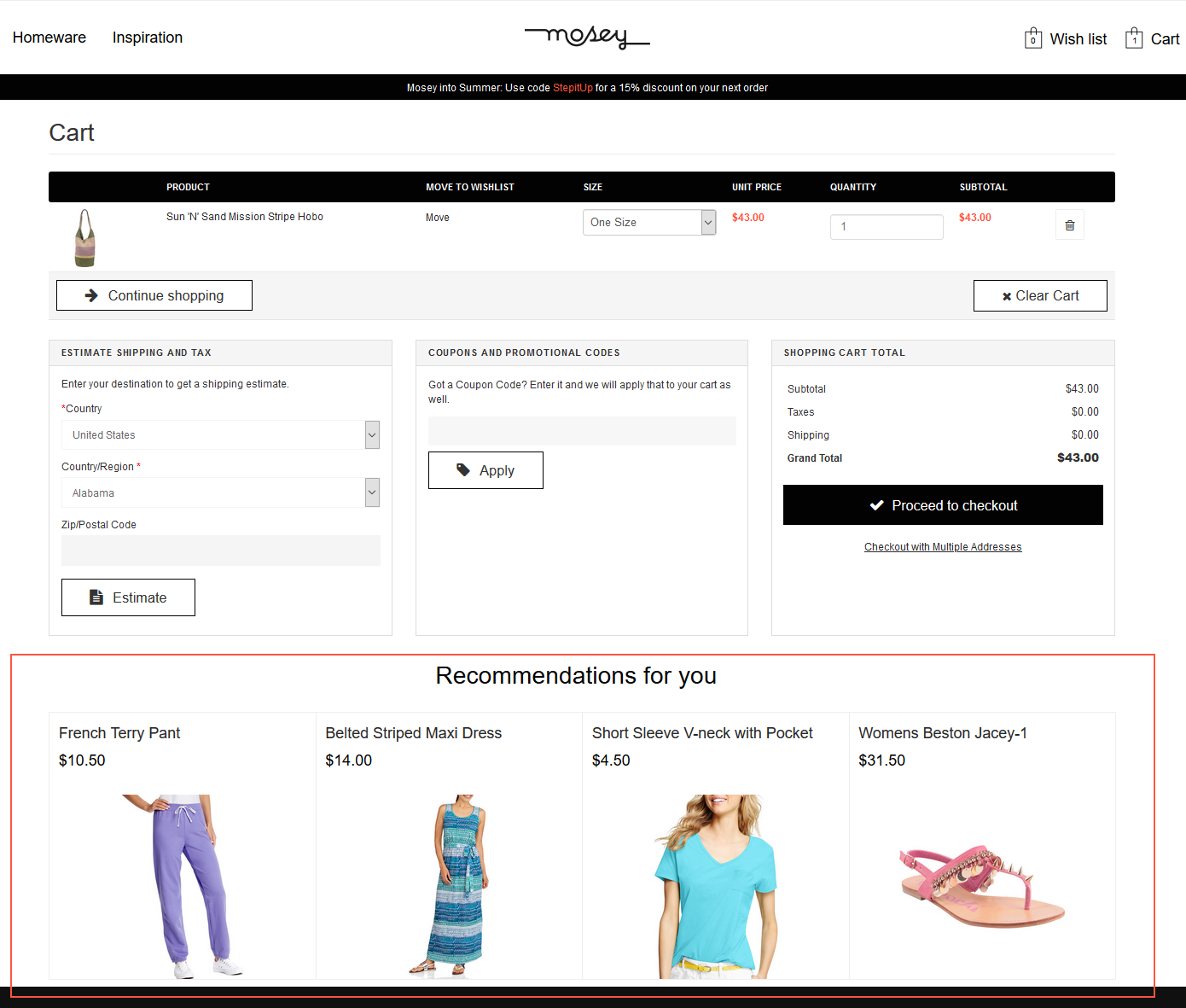 Product set on the basket page