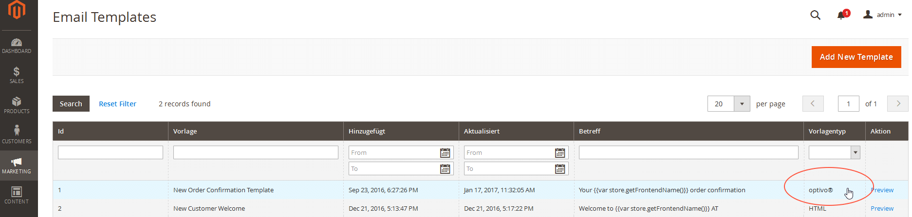 Bild: E-Mail-Vorlage auswählen