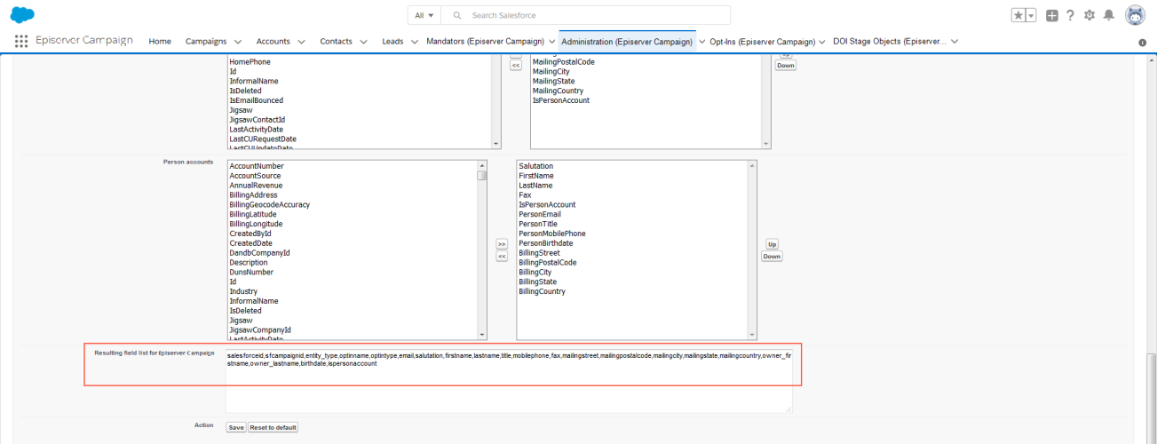 Bild: Feldliste für Episerver Campaign