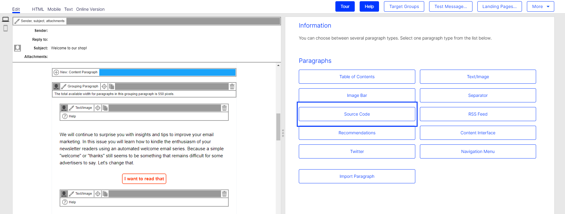 Bild: Quelltext-Paragraphen auswählen