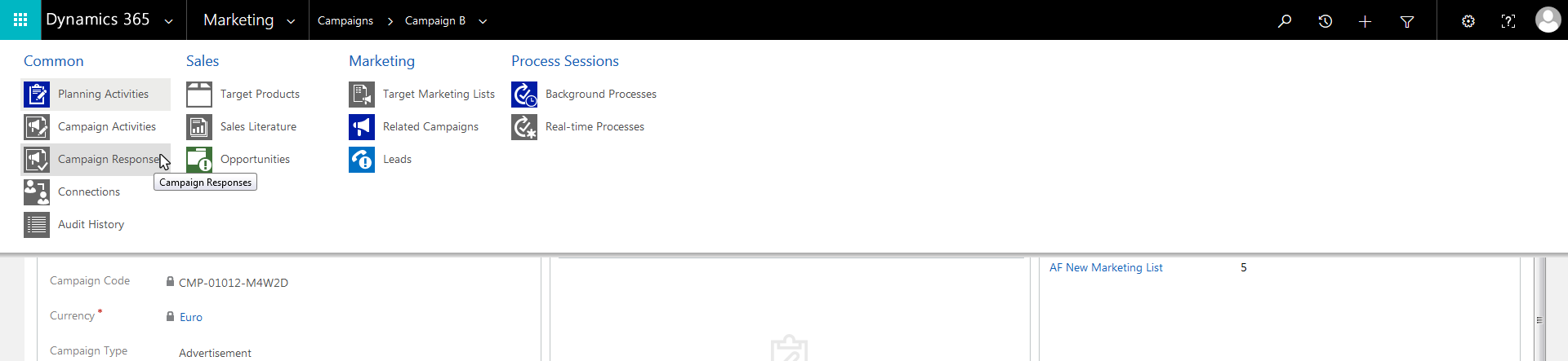 Bild: Campaign Responses im Microsoft Dynamics Menü