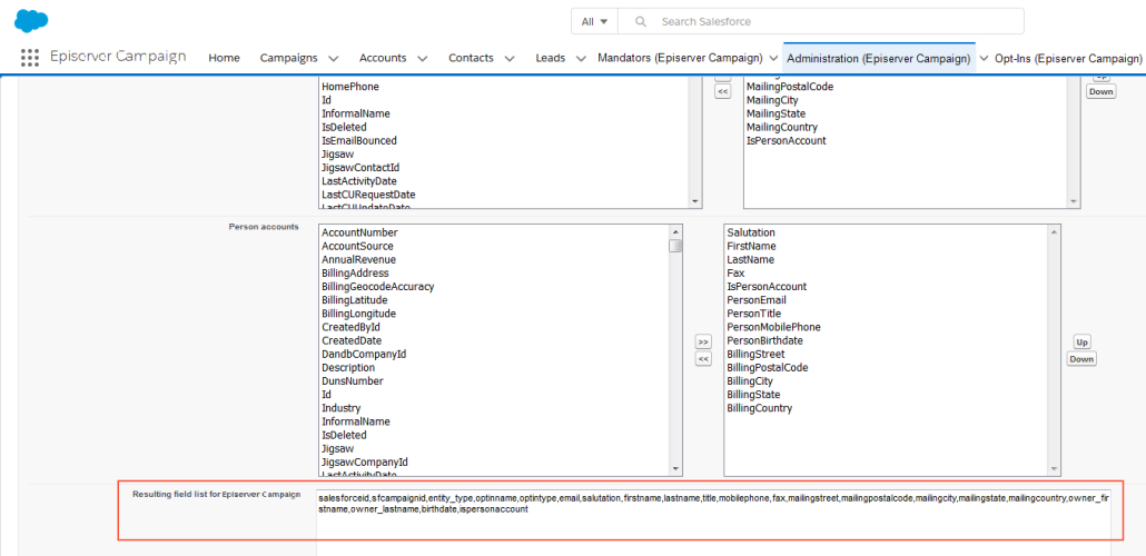 Bild: Feldliste für Episerver Campaign