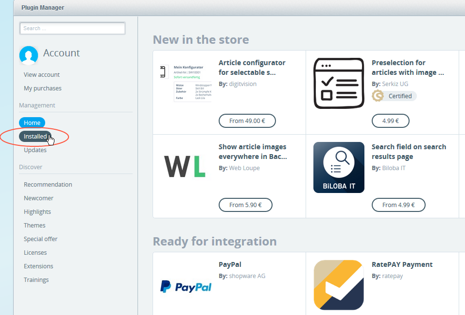 Bild: Installiert auswählen