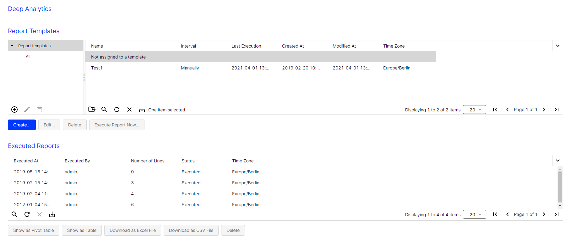 Bild: Deep Analytics Reportvorlagen und ausgeführte Reports
