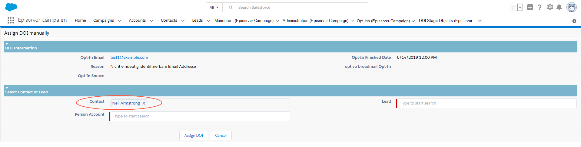 Bild: Kontakt oder Lead auswählen